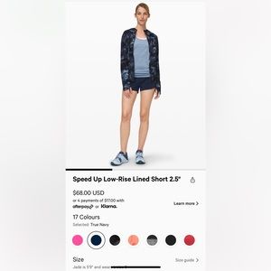 Lululemon Speed Up Short, Navy, Size 8